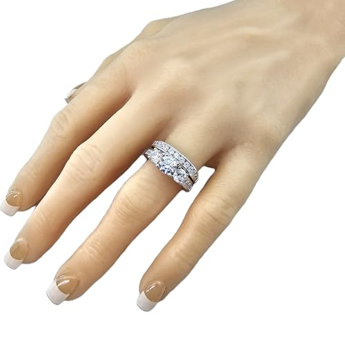 Central Diamond Center Wedding Set Anniversary Set 3 Stone Past Present Future Ring & Band Silver & Zirconia 3.25ctw Size 7 Euro4