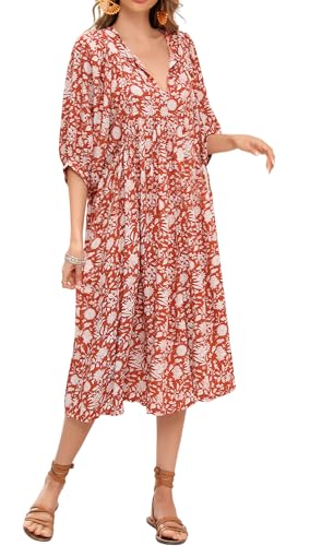 R.Vivimos Womens Summer Casual Midi Dress Lantern Sleeve Tie V Neck Boho Floral Print Loose Fit Flowy Long Dresses2