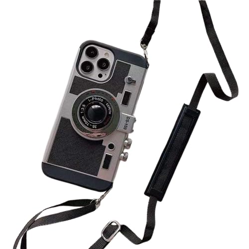 Image of Retro Camera Design Phone Case with Neck Strap for iPhone 13 Pro, Vintage Style Protective Cover, Grey (iPhone 16 pro)