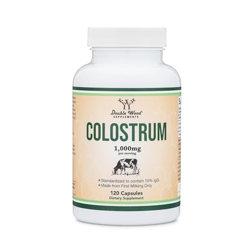 Colostrum Supplement 120 Capsules, 1,000mg per Serving (Bovine Colostrum Powder from First Milking Only, Std. to Contain 15% IgG Immunoglobulins) No Fillers, Third Party Tested by Double Wood