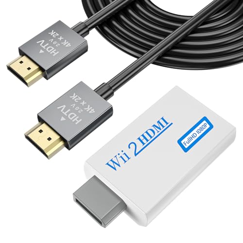 LA NREUCETS Wii HDMI Adapter 1080P with 3.5mm Audio Jack, HDMI Converter with 4.92ft HDMI Cable Compatible with Wii/Wii U Accessories Bundle Kits (HDMI Converter+HDMI Cable)