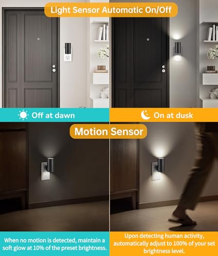 Image of TSEXES Night Light Plug in Wall with Motion Sensor,5000K Daylight, 2 Pack | Motion Activated & Dusk to Dawn Sensor,Dimmbale, 5-300LM Adjustable Brightness, For Kitchen, Hallway, Bedroom, Stairs