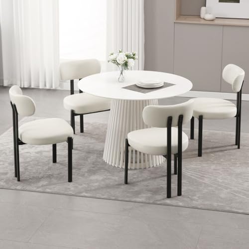 LukeAlon Faux Leather Dining Chairs Set of 4, Modern Curved Back Armless Kitchen Chairs with Black Metal Legs Upholstered Reception Guests Chair for Dining Room Chairs Restaurant Office, White