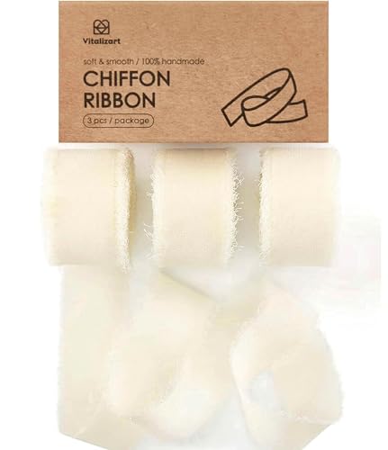 Vitalizart Ivory White Chiffon Silk Ribbon 1" x 21Yd Fringe Fabric Eco-Friendly Package (3 Rolls *7Yd) for Wedding Invitations Bridal Bouquets Decorations Gifts Wrapping & Bow Making Cream