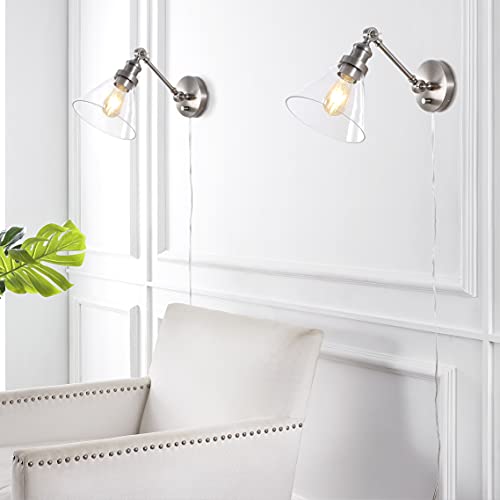 Image of JONATHAN Y 8 inch Nickel Adjustable LED Wall Sconce, Plug-in Wall Lamp with Dimmer Switch, Clear Glass Shade for Bedroom Living Room Kitchen, LED Bulb Included (JYL7575B-SET2)