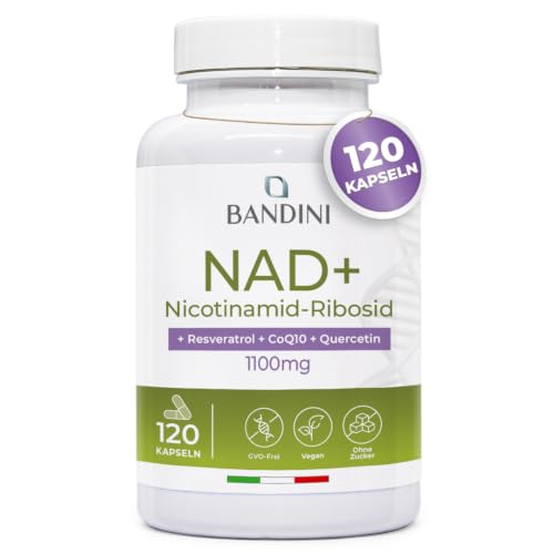 Bandini Liposomales NAD+ | 120 vegane Kapseln | NAD Booster mit Nicotinamid-Ribosidchlorid Quercetin Resveratrol Coenzym Q10 | 1100 mg pro Tagesdosis | Für Energie Anti-Aging & Gegen Müdigkeit