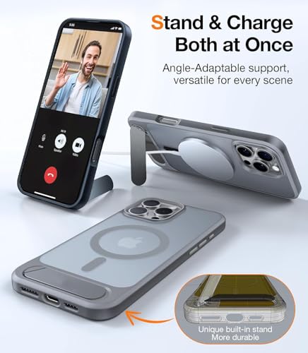 Image of Elzzi Magnetic Cover Compatible For iPhone 16 Pro Max Case with Adjustable Metal Kickstand, Compatible with Mag-Safe Translucent Matte Protective Phone Shockproof Case, Natural Titanium
