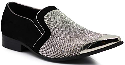 Image of Enzo Romeo Crisiano Men Rhinestone Chrome Toe Suede Pointy Dress Loafer Slip On Shoes