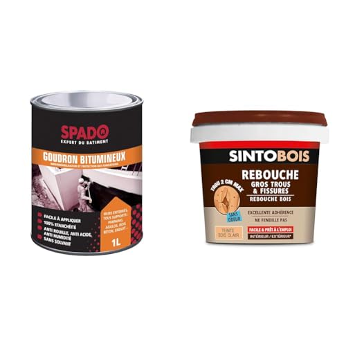 SPADO Goudron Bitumineux 1L & Sinto Rebouche Bois pour Gros Trous et Fissures Bois Clair - 500 g - Facile et Prêt à l’Emploi - Excellente Adhérence - Séchage...