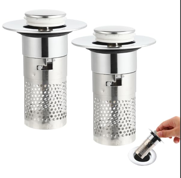 Bouchon Lavabo Salle de Bain – Lot de 2 Bouchons Lavabo Universels avec Filtre en Acier Inoxydable, 34–40mm, Bouchon Pop-Up pour Évier, Salle de Bain et...