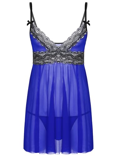 Men's Sissy Lingerie Dress Crossdresser Sheer Mesh Lace Tirm V Neck Nightdress with G String