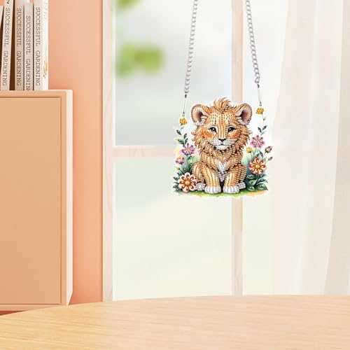 Image of DIY 5D Diamond Painting Hanging Ornament Kit Lion Design, Handmade Acrylic Diamond Art Irregular Shape Pendant, Decorative Hanging for Home, Garden, Wall, Door, and Gift