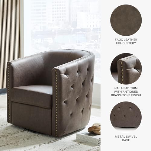 Image of Signature Design by Ashley Brentlow Swivel Chair with Faux Leather Upholstery, Barrel‑Back Seating, Antiqued Nailhead Trim and Tufted Sides for Living Room or Bedroom, Dark Brown