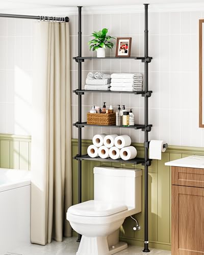 ALLZONE Adjustable Over The Toilet Storage Shelf, 4-Tier Ample Over Toilet Bathroom Organizer and Storage,Tension Mounted Above Toilet Storage Cabinet for Versatility, Fits 64-113 Inch Heights, Black
