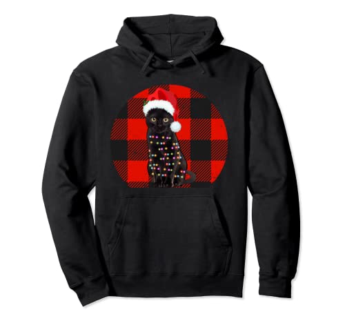Vintage Black Cat Christmas lights plaid Cat Lover Christmas Sudadera con Capucha