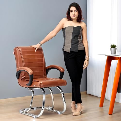 Image of GOYALSON Home Exclusive Visitor Study Reception Chair with Arm Rest and Heavy Frame with Cushioned Seat Back Chair (1, Brown, Double Pipe Chrome Frame)