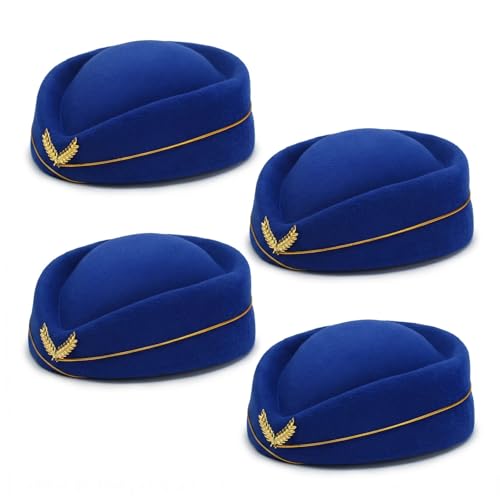 xuuhob 4 Pcs Women Flight Attendant Hat & Stewardess Hat Felt Texture Stiff Airline Theme Halloween Cosplay Costume Accessories Royal Blue