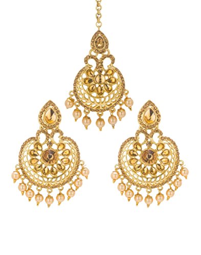 Bindhani Women's Indian Style Bollywood Jewellery Maang Tika Headpiece Bridal Hair Accessories Bridesmaid Wedding Traditional Bahubali Gold Plated Chandbali Kundan Earrings Mang Tikka Jewelry