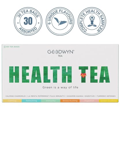 Image of Goodwyn Health Tea Box - 60 Tea Bags (6 Flavours x 10) | Turmeric, Tulsi, Kahwa, Chamomile, Peppermint & Digestive | Low to No Caffeine | Assorted Herbal Green Tea | Plastic-Free Bags