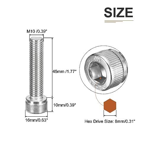 DTGN M10x45mm Socket Head Cap Screws Bolts, 5Pcs 304 Stainless Steel 18-8, Metric Machine Hex Socket Screw, Hex Drive - Image 2