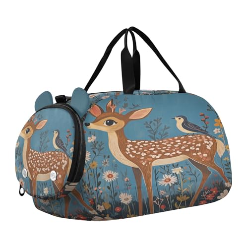 Brown Fawn Bird Flowers Kids Travel Duffel Bag for Boys Girls Overnight Weekend Tote Bag with Shoes Compartment for Sleepover Trip Beach