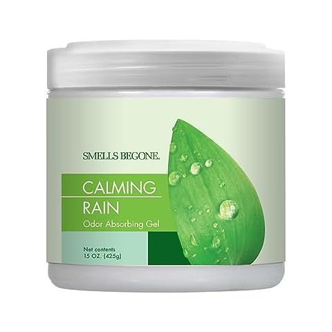 SMELLS BEGONE Air Freshener Odor Absorber Gel - Absorbs Odor from Bathrooms, Cars, Pet Areas, Boats & RVs - Made with Essential Oils - Calming Rain Scent Cover