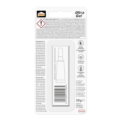 Pattex Sekundenkleber Ultra Gel, extra starker & flexibler Superkleber, stoß- & wasserresistentes Sekundenkleber Gel für z. B. Gummi, Leder, Holz, 1 x 10g