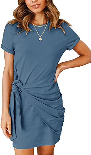 MEROKEETY Women s Short Sleeve Crew Neck T Shirt Dress Tie Waist Ruched Bodycon Mini Dress
