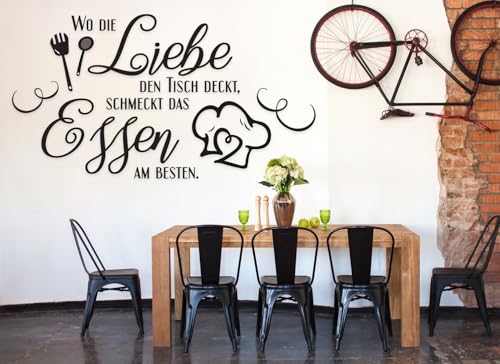 tjapalo® a25 Wandtattoo küche sprüche Wandsticker Küchensprüche Esszimmer wandtattoo wo die liebe den tisch deckt, Farbe: Schwarz, Größe: B120xH58cm Top
