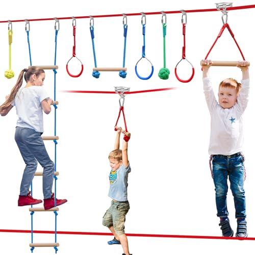 Ninja Warrior Obstacle Course for Kids，60ft Ninja Slackline-with 8 Pcs