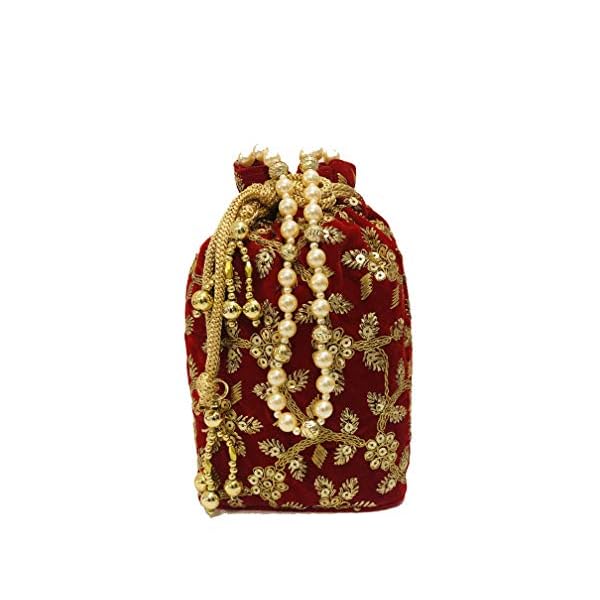 SHAKUNTLA VINTAGE Chanderi Women's Velvet Ethnic Bridal Potli Bag With Sequins and Thread Work | Red