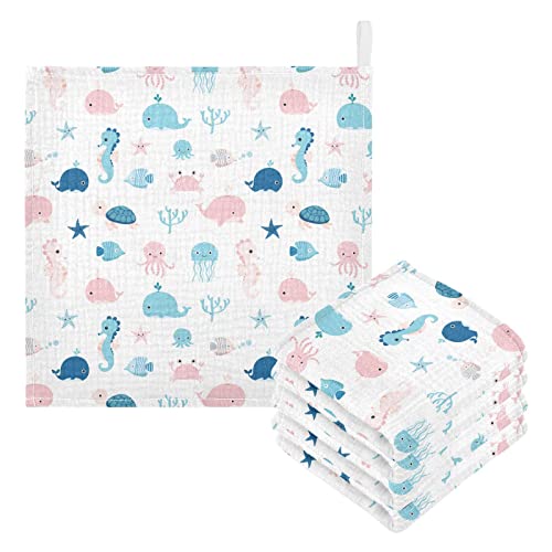 Image of vvfelixl Cute Sea Life Baby Burp Cloths, Baby Muslin Washcloths for Boys Girls, Cotton Baby Face Towel for Newborn Infants Soft and Absorbent 11.8 X 11.8 in, 5 Pack
