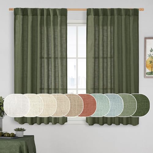LAMIT Olive Green Linen Semi Sheer Curtains 45 Inch for Bedroom, Light Filtering Neutral Window Curtains Boho Back Tab and Rod Pocket Christmas Decor Panels, 2 Panels, 52 x 45 Inch