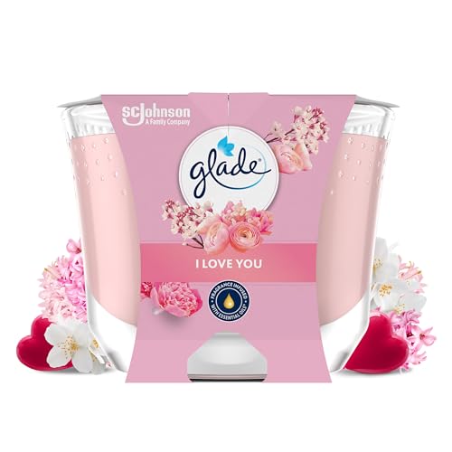 Glade Bougie Vegan Longue Durée Parfum Infusé Huiles Essentielles - Nouvelle Formule Sans Huile De Palme - I Love You - 1 Bougie