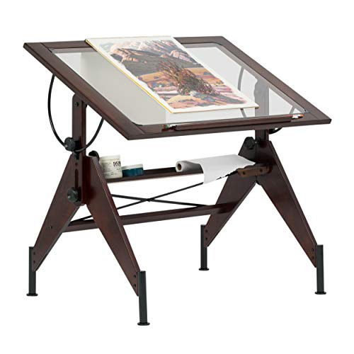 STUDIO DESIGNS Aries Glass Top Drafting Table Sonoma Dark Walnut Brown