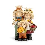 Hodao Fall Scarecrow Family Figurine with Pumpkin, Corn and Apple Basket, Hand-Painted Resin, Autumn Harvest and Thanksgiving Home Decor and Gift for Tiered Tray, Mantel, Tabletop, Windowsill