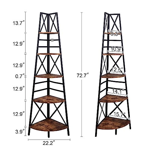 image for HOMBAZAAR 5-Tier Industrial Corner Bookshelf, Vintage Wood Look Accent