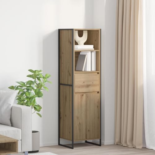QUAHEAS Librería artesanal roble 43 x 36 x 150,5 cm de madera con patas de acero, 1 puerta, cajón, aparador, buffet para salón, espacio de almacenamiento, diseño moderno, duradero