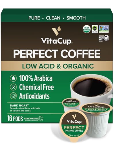 VitaCup Perfect Low Acid Coffee Pods, USDA Organic & Fair Trade, Mycotoxin Free, Dark Roast Guatemala Single Origin, Clean & Pure Recyclable Single Serve Pod compatible w/Keurig K-Cup Brewers,16 CT