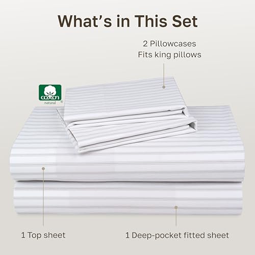 Image of California Design Den King Size Sheet Set - 100% Cotton, 600 Thread Count, Deep Pocket King Sheets, Premium-Feel Bedding with Sateen Weave - Ticking Stripe Pattern