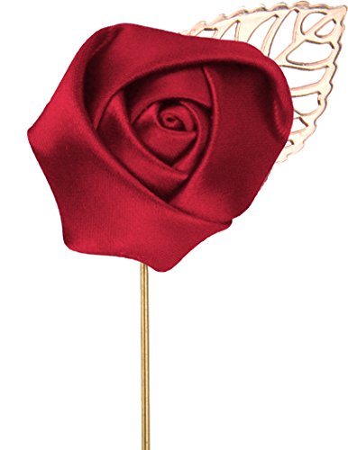Flairs New York Gentleman's Essentials Premium Handmade Flower Lapel Pin Boutonniere (Pack of 1 Pin, Crimson Red [Rose Gold Leaf])