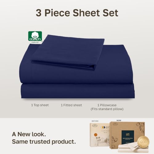Image of Soft Natural 100% Cotton Sateen Twin Bedsheets, 3 Pc Set, Navy Blue