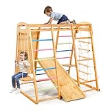 VEVOR Indoor Playground Jungle Gym, 9-in-1 Montessori Climbing Toys for Toddlers, 250LBS Wooden Indoor Playground Playset with Monkey Bar, Swings, Slide, Rope/Wooden Ladder, Climbing Net, Bar & Rock