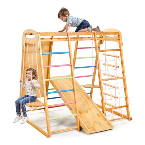 VEVOR Indoor Playground Jungle Gym, 9-in-1 Montessori Climbing Toys for Toddlers, 250LBS Wooden Indoor Playground Playset with Monkey Bar, Swings, Slide, Rope/Wooden Ladder, Climbing Net, Bar & Rock