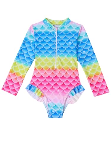 Kids Girls Hot Spring Scale Printed Swimsuit Long Sleeve Sun Protection Bikini Zipper Swimwear