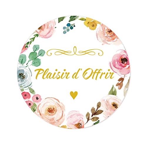 100 ÉTIQUETTES cadeaux"PLAISIR D'OFFRIR" 40MM ROND, adhésive Autocollants cadeaux emballage Etiquettes Voeux pour Mariage, Noë, fête - fleurs délicates - UNI 326 (004) Cover