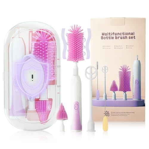 Image of Electric Bottle Brush Set with Silicone Pacifier/Straw Brush and Mixing Head, Water Bottle Cleaner with Drying Rack, 2 Modes & 360 Rotation (Purple)