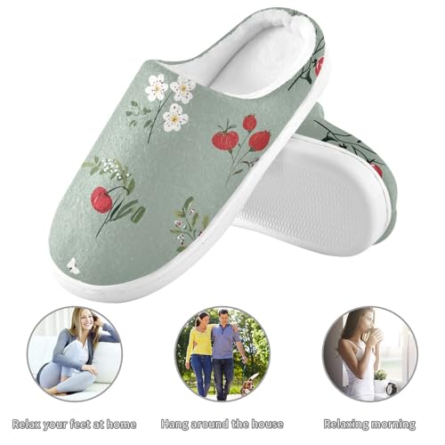 JUNZAN Funny Cranberries Fruit Sage Green Women Home Cotton Slippers Wide Memory Foam House Shoes for Bedroom Christmas Presents 6-73