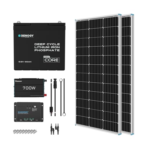 Renogy 200 Watt 12V Complete Solar Panel Starter Kit: 2pcs 100W Solar Panel + 30A Charge Controller + 100Ah Lithium Battery + 600W Premium Solar Inverter for RV Off Grid with Battery and Inv
