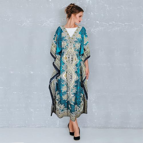Teal Blue Long Kaftan Dress for Women – Elegant Kimono Gown – Loose Fit Plus Size Beach Cover Up – Stylish Evening & Vacation Lounge Dress4